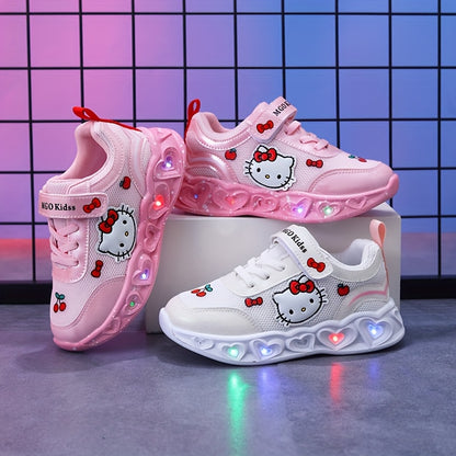 Girls' Glow-in-the-Dark Princess Sneakers with Lights - Pink & White Cartoon Design, Closure, Breathable Mesh Upper, Soft EVA Insole, Durable PVC Sole for Youngsters 1-6 Years, Spring Summer Casual Running Shoes, Shoes for Gi