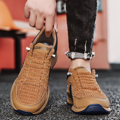 Men's Trendy Woven Knit Breathable Sneakers, Comfy Non Slip Lace Up Casual Shoes for Men's Outdoor Activities