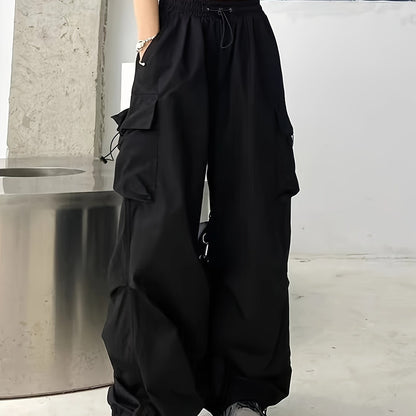 1pc Women'S Casual Cargo Pants, Solid Color Polyester, Spring/Fall Fashion, Multiple Pockets, Woven Weave, Adult Fit