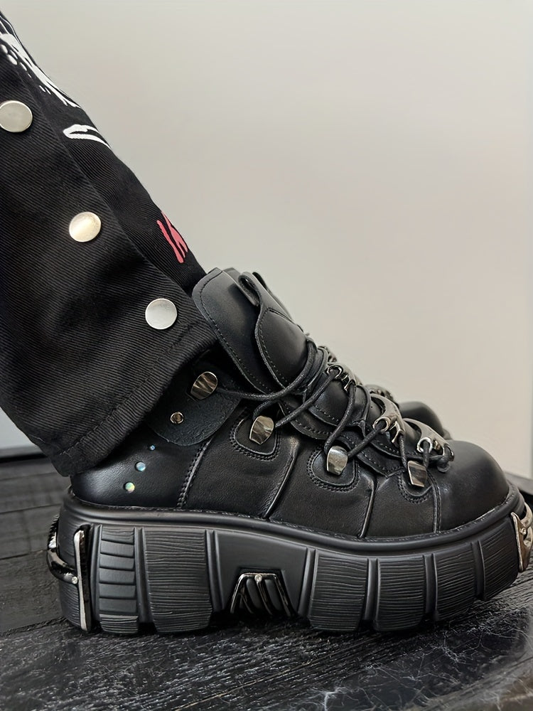 Women's Metallic Decor Platform Sneakers, Punk Rock Lace Up Outdoor Shoes, Comfortable Heel Height Shoes, Gothic Ankle Boots Round Toe Thick Sole Booties plus size