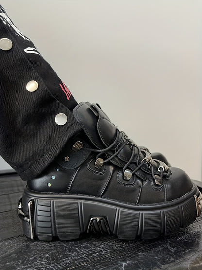 Women's Metallic Decor Platform Sneakers, Punk Rock Lace Up Outdoor Shoes, Comfortable Heel Height Shoes, Gothic Ankle Boots Round Toe Thick Sole Booties plus size
