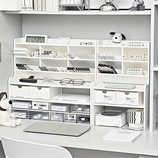 Versatile organizer da scrivania per studenti: soluzione di archiviazione a doppio strato per cancelleria, cosmetici e altro ancora. Migliora senza sforzo lo spazio della tua stanza del dormitorio con un portapenne inclinato e una libreria rialzata.