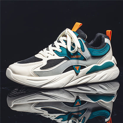 Men's Vintage Colour Block Chunky Shoes, Comfy Non Slip Durable Lace Up Soft Sole Sneakers For Men's Outdoor Activities