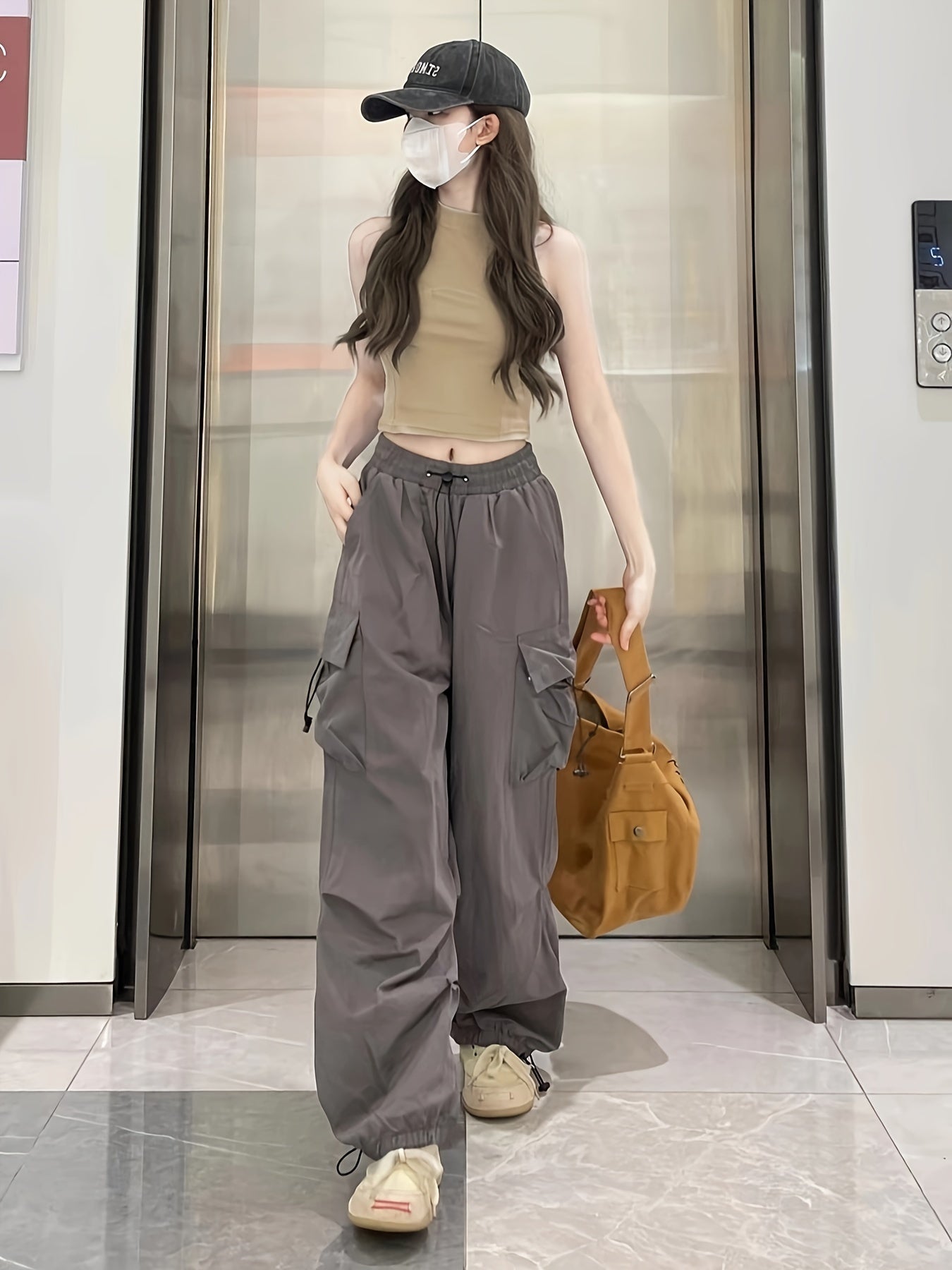 1pc Women'S Casual Cargo Pants, Solid Color Polyester, Spring/Fall Fashion, Multiple Pockets, Woven Weave, Adult Fit