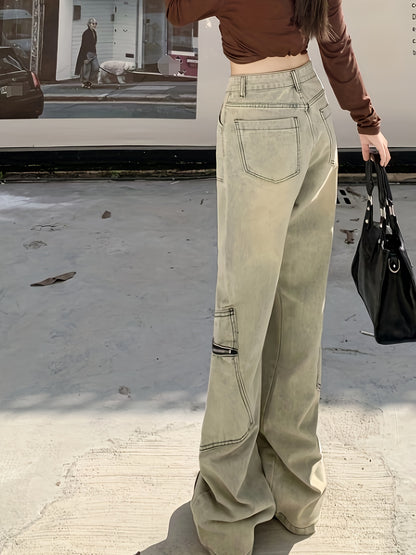 Jeans da donna in denim vintage con tasche applicate e gamba larga, larghi, lavati, stile hip-hop