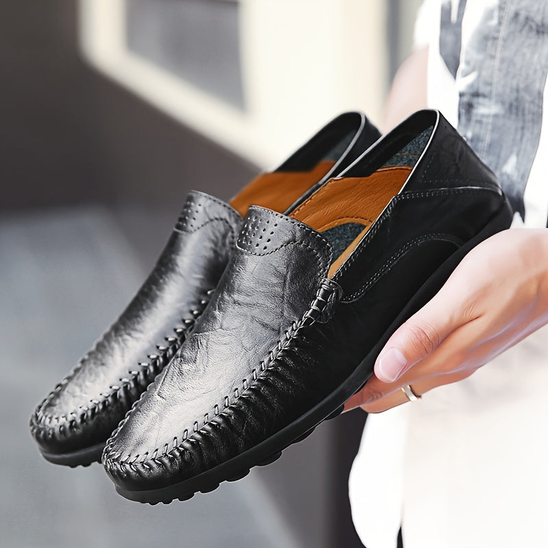 Scarpe casual da lavoro slip-on da uomo CLOHOO - Tomaia in pelle traspirante di secondo strato, comoda fodera in PU e suola in gomma, versatili per tutte le stagioni per ufficio, viaggi e vacanze - Nero, aspetto raffinato | Suola in gomma robusta, Dre