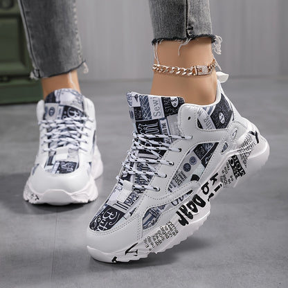 Sneakers unisex con stampa geometrica bianca e nera, suola spessa in EVA ammortizzata, tessuto e tomaia traspiranti, supporto di stabilità per corsa e camminata - Comfort per tutte le stagioni