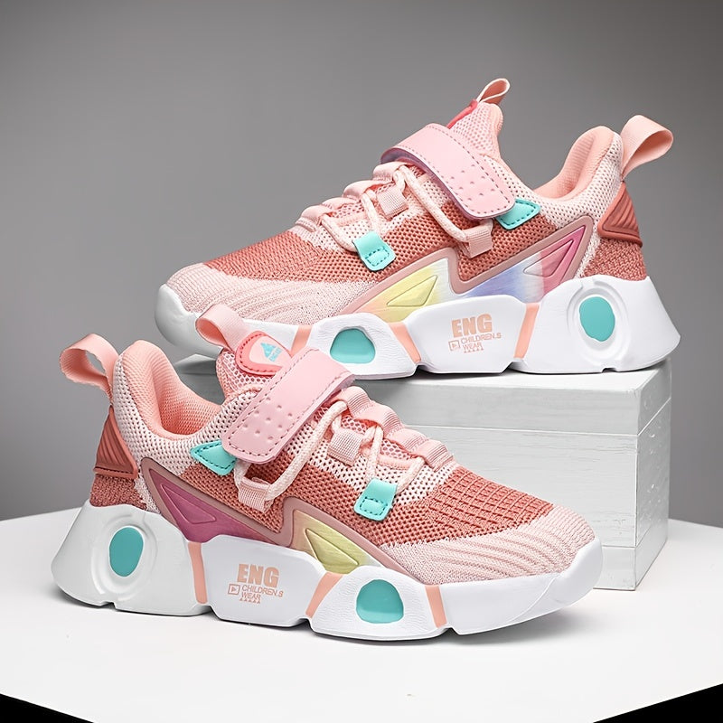 Sneakers traspiranti in maglia per bambine - Sneakers basse a righe alla moda con chiusura a strappo, leggere e comode per tutte le stagioni, design rosa e nero con tomaia in mesh e suola in EVA, adatte ai piedi dei più piccoli.