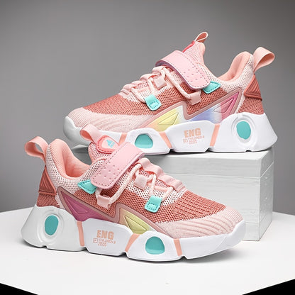 Sneakers traspiranti in maglia per bambine - Sneakers basse a righe alla moda con chiusura a strappo, leggere e comode per tutte le stagioni, design rosa e nero con tomaia in mesh e suola in EVA, adatte ai piedi dei più piccoli.