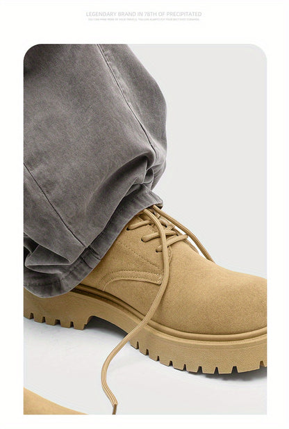Men's Casual Retro Workwear Derby Shoes - Thick Sole Height Increase, Breathable Upper, Lace-Up Round Toe Design for Spring/Fall, Tan Rubber Outsole & EVA Cushioning, Fall Comfort Footwear, Minimalist Style, Durable Footwear,