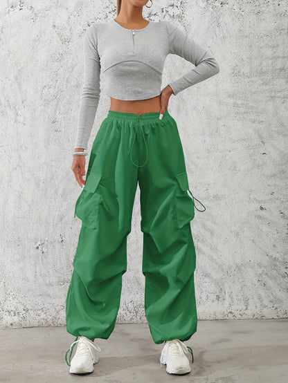 Women'S Fashionable Solid Color Polyester Cargo Pants, 100% Polyester, All-Season, Drawstring Waist, Woven, 120g/m², Adult Casual Elegant Trousers