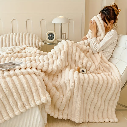 Coperta in pile con coulisse - Morbida, calda e soffice, motivo in pelliccia di coniglio finta, perfetta per fare un pisolino, in ufficio, in campeggio o sul divano, versatile coperta regalo per tutte le stagioni | Coperta in pile di peluche | Morbida