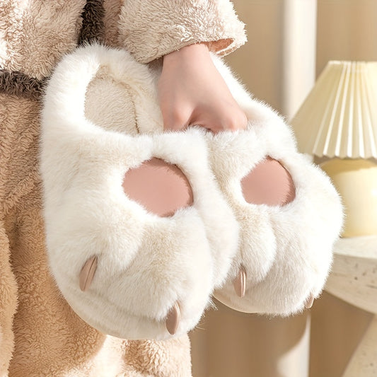 Women's Plush Novelty Slippers, Kawaii Cat Shaped Fluffy Slip On Shoes, Warm & Cozy Mute Slippers