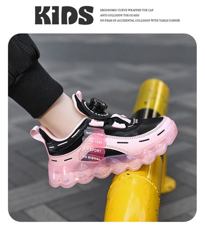 Kids' Preppy Sports Sneakers with Rotating Buckle, Lightweight EVA Sole, Non-Slip PU Upper, Comfortable Fabric Lining, Alphabet Pattern, All-Season Casual Footwear for Outdoor Activities, Training, Hiking - Ideal for Valentin