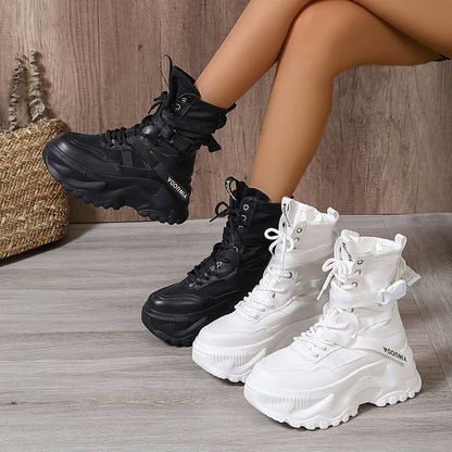 Sneakers alte alla moda da donna - Stivali casual con punta tonda, lacci in tessuto EVA tinta unita, suola in poliuretano e interno in tessuto - Scarpe streetwear versatili per tutte le stagioni