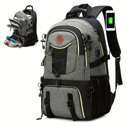 Zaino da viaggio di grande capacità da 40 litri con porta, scomparto per laptop da 17,3 e vano portascarpe - Zaino da trekking resistente con power bank, custodia imbottita per laptop, spallacci imbottiti regolabili