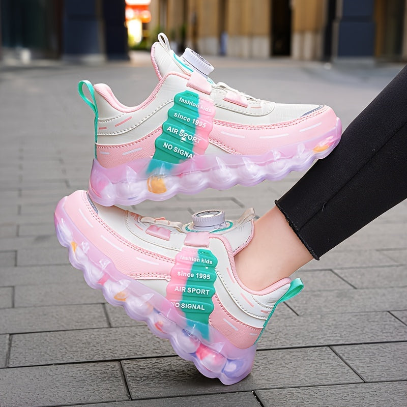 Kids' Preppy Sports Sneakers with Rotating Buckle, Lightweight EVA Sole, Non-Slip PU Upper, Comfortable Fabric Lining, Alphabet Pattern, All-Season Casual Footwear for Outdoor Activities, Training, Hiking - Ideal for Valentin