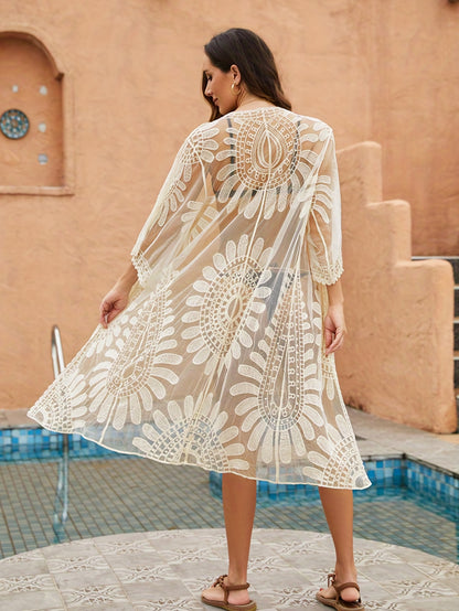 Copricostume in pizzo ricamato, tessuto a rete a contrasto, copricostume trasparente con maniche lunghe e finiture smerlate, kimono, costume da bagno da donna