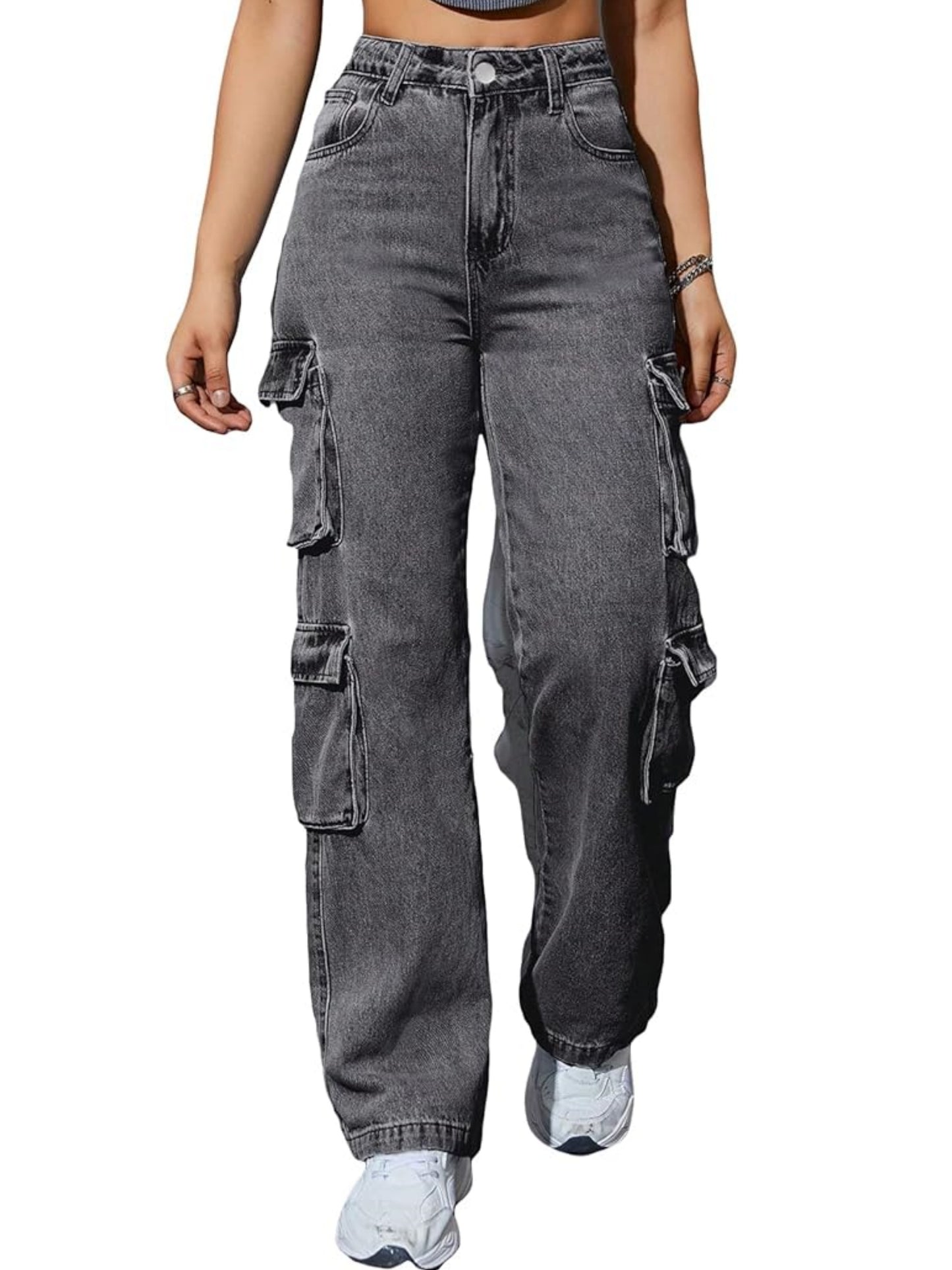 High-Waisted Cargo Denim Jeans for Women, 75% Cotton Blend Street Style Y2K Baggy Trousers with Flap Pockets, Solid All-Season Oversized Wide Leg Pants, Medium Stretch Woven Fabric