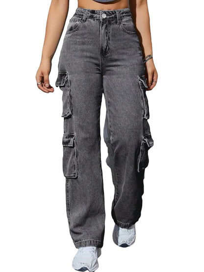 High-Waisted Cargo Denim Jeans for Women, 75% Cotton Blend Street Style Y2K Baggy Trousers with Flap Pockets, Solid All-Season Oversized Wide Leg Pants, Medium Stretch Woven Fabric