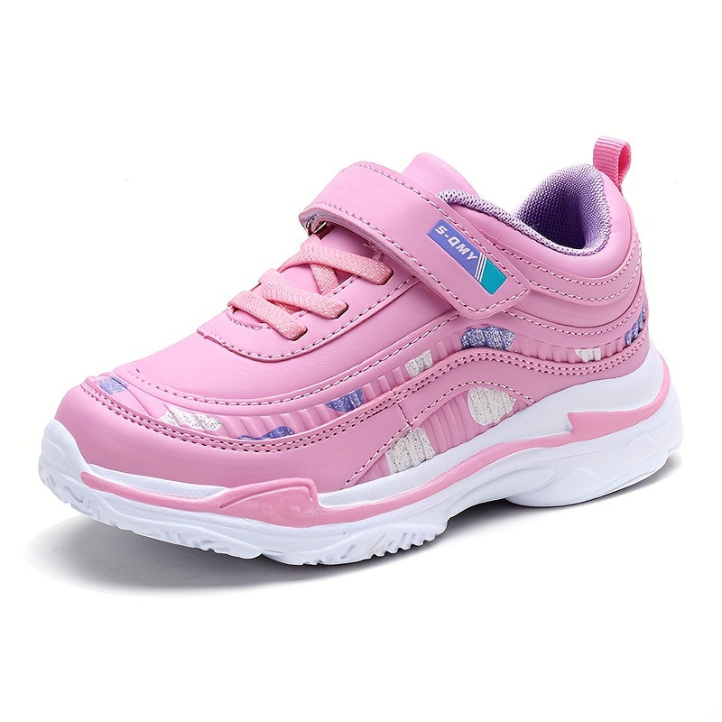 Girl's Solid Sneakers With Hook & Loop Fastener, Comfy Non Slip Casual Soft Sole Shoes For Kids Outdoor Activities