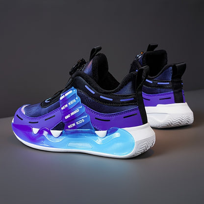 Boy's Trendy High Top Basketball Shoes With Rotating Buckle, Comfy Non Slip Shock Absorption Sneakers For Kids Outdoor Activities