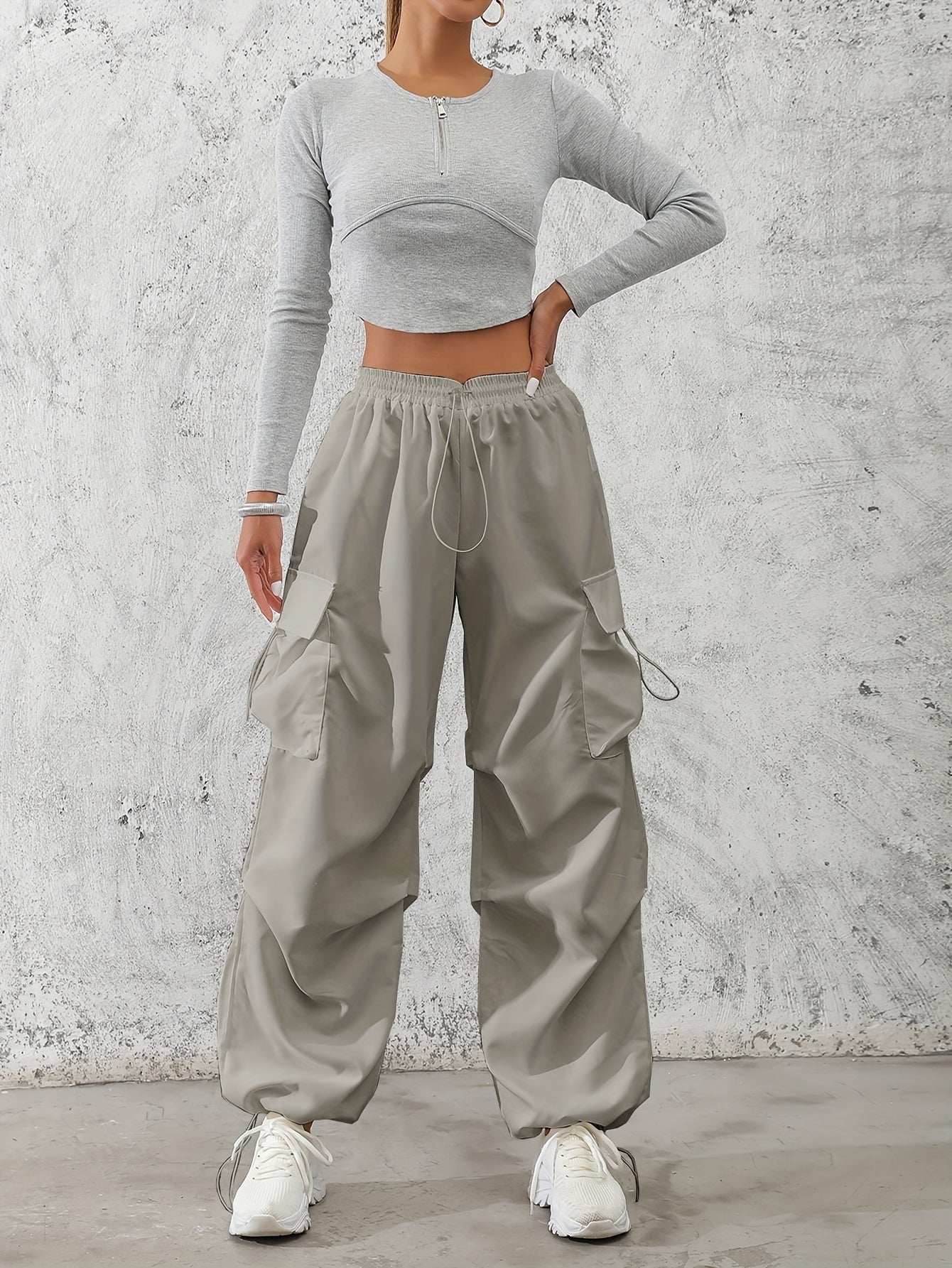 Women'S Fashionable Solid Color Polyester Cargo Pants, 100% Polyester, All-Season, Drawstring Waist, Woven, 120g/m², Adult Casual Elegant Trousers