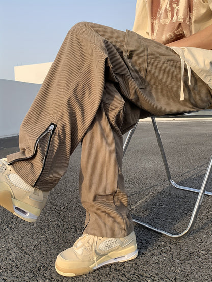 Pantaloni cargo in velluto a coste alla moda, pantaloni da uomo con coulisse e tasche multiple, pantaloni casual larghi da esterno, pantaloni da lavoro da uomo per attività all'aperto, stile streetwear hip hop