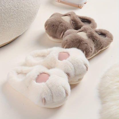 Women's Plush Novelty Slippers, Kawaii Cat Shaped Fluffy Slip On Shoes, Warm & Cozy Mute Slippers