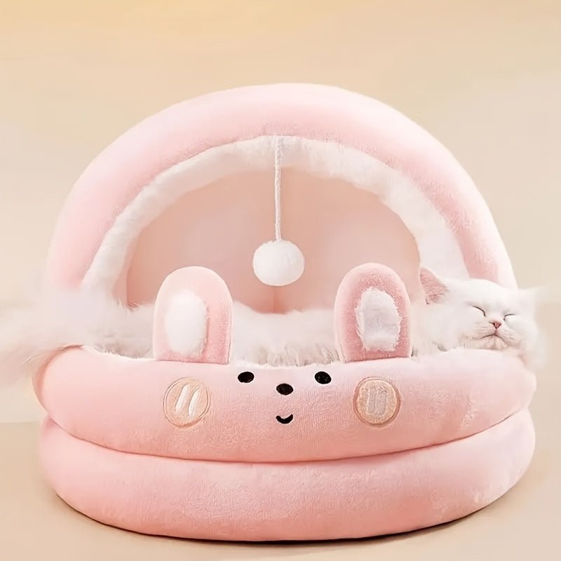 [Comfort accogliente] Cuccia per gatti rosa in peluche per gatti da interno - Stile contemporaneo, non assemblabile, con cuccia imbottita morbida rimovibile e lavabile, con graziose orecchie da coniglio e una simpatica palla sospesa, cuccia per gattini
