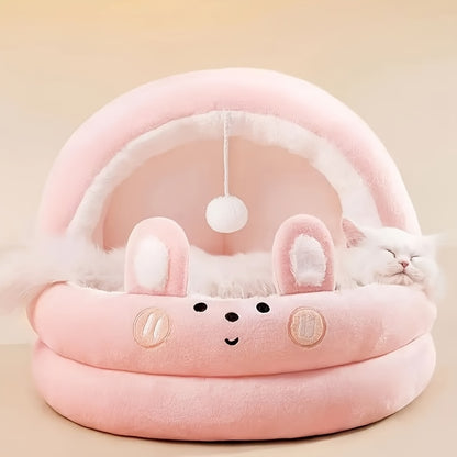 [Comfort accogliente] Cuccia per gatti rosa in peluche per gatti da interno - Stile contemporaneo, non assemblabile, con cuccia imbottita morbida rimovibile e lavabile, con graziose orecchie da coniglio e una simpatica palla sospesa, cuccia per gattini
