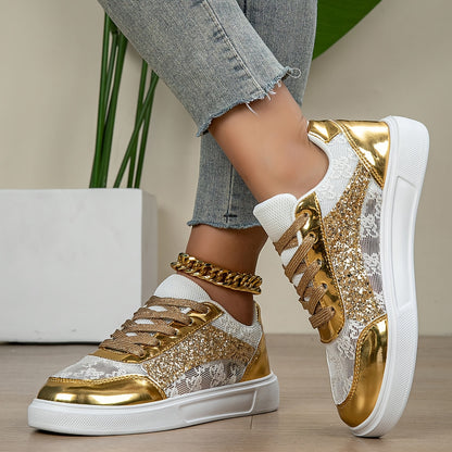 Women's Glitter Golden Lace-Up Low-Top Sneakers with Breathable Cut-Out Design & Thick Cushioned MD Sole - Synthetic Cover & Fabric Casual Shoes for All-Season Comfort, Sporty Streetwear, Airflow Enhancing Cutouts