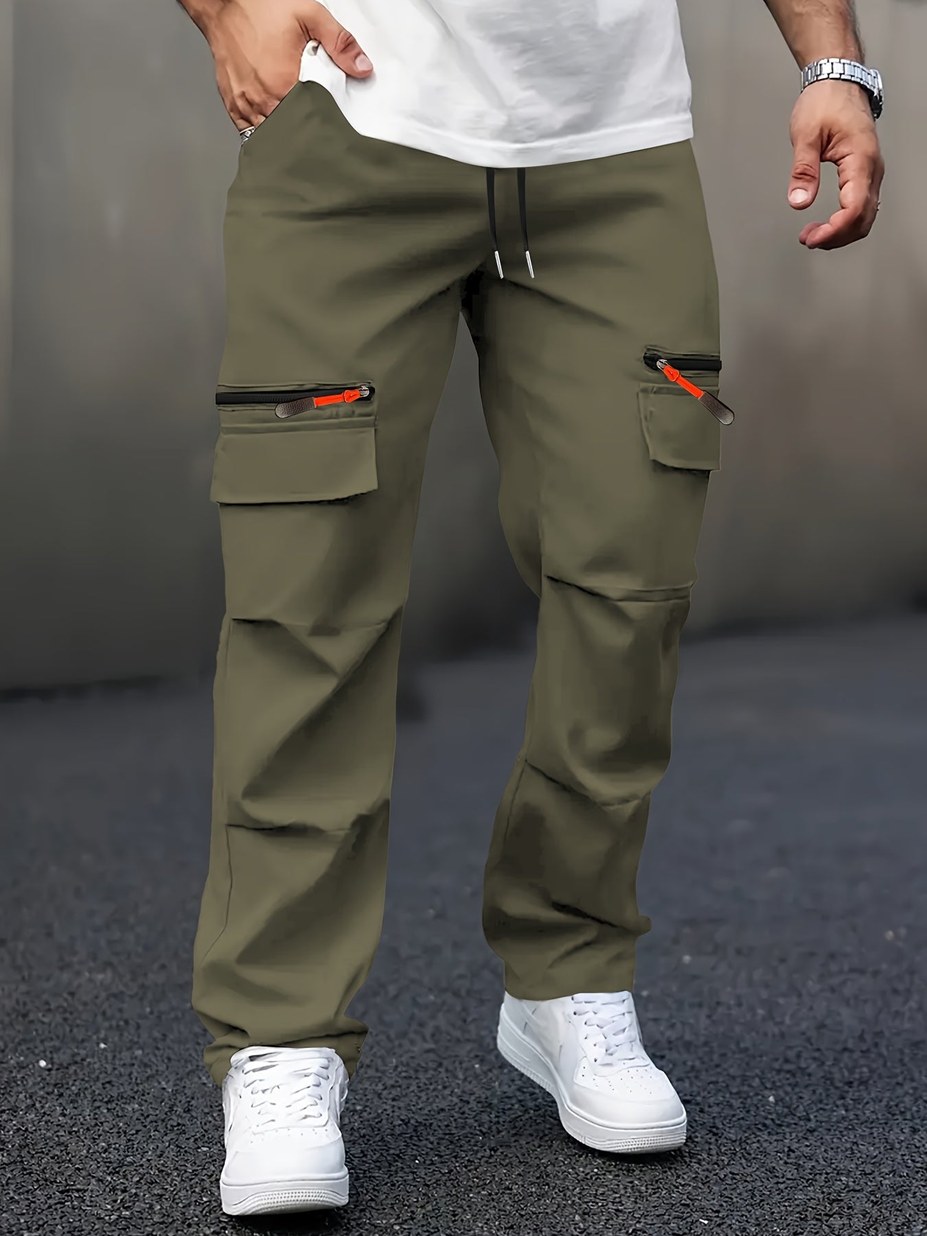 Pantaloni cargo casual da uomo con tasche multiple - Gamba dritta, vestibilità ampia, beige, dettagli con cerniera, perfetti per primavera e autunno